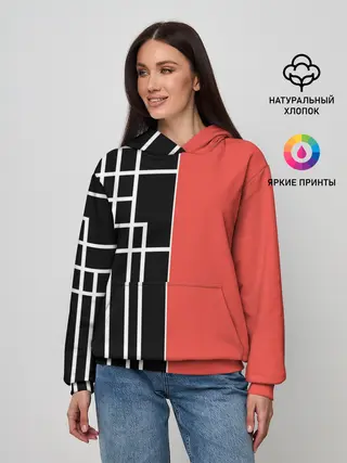Женское худи / Черный и коралловый арт деко
