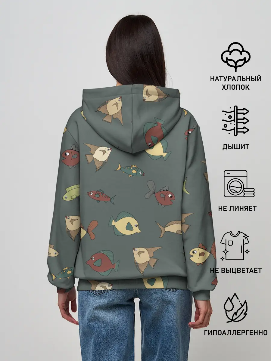 Женское худи / Морские рыбки на зеленом фоне