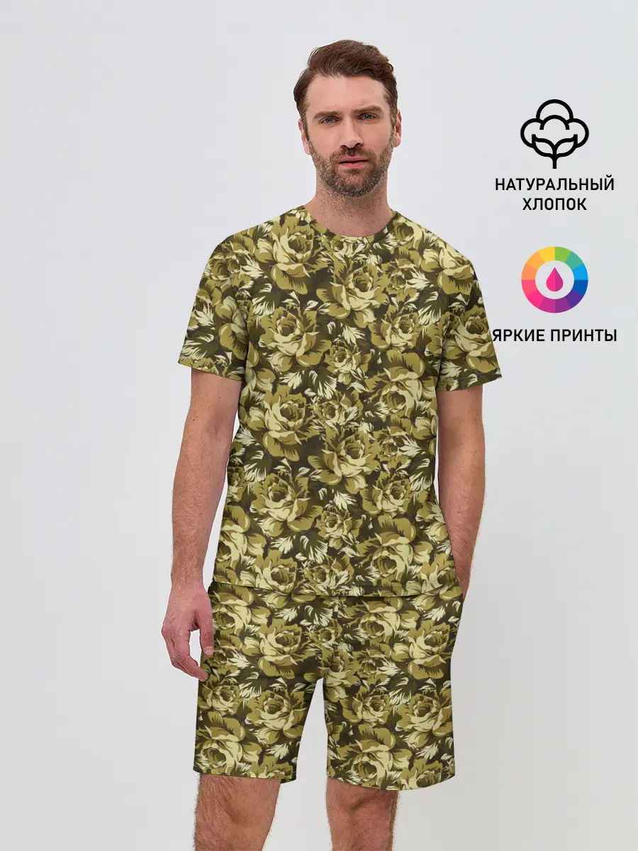 Мужской костюм с шортами / Золотой камуфляж из роз