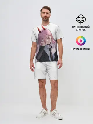 Мужской костюм с шортами / Пауэр скучает на белом фоне