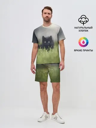 Мужской костюм с шортами / черный кот на лугу