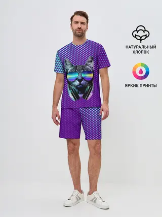 Мужской костюм с шортами / Кот очки наушники модный