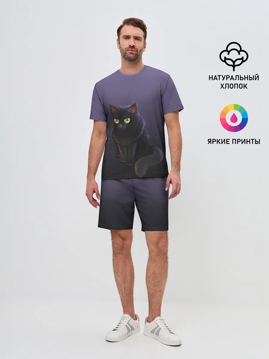 Мужской костюм с шортами / черный кот на фиолетовом