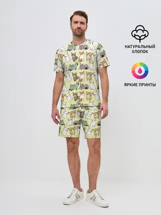 Мужской костюм с шортами / мультяшные котики на желтом мя