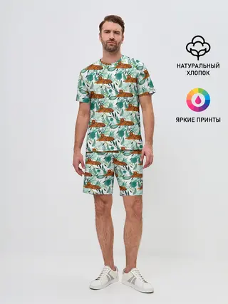 Мужской костюм с шортами / Цветы и Тигр Паттерн