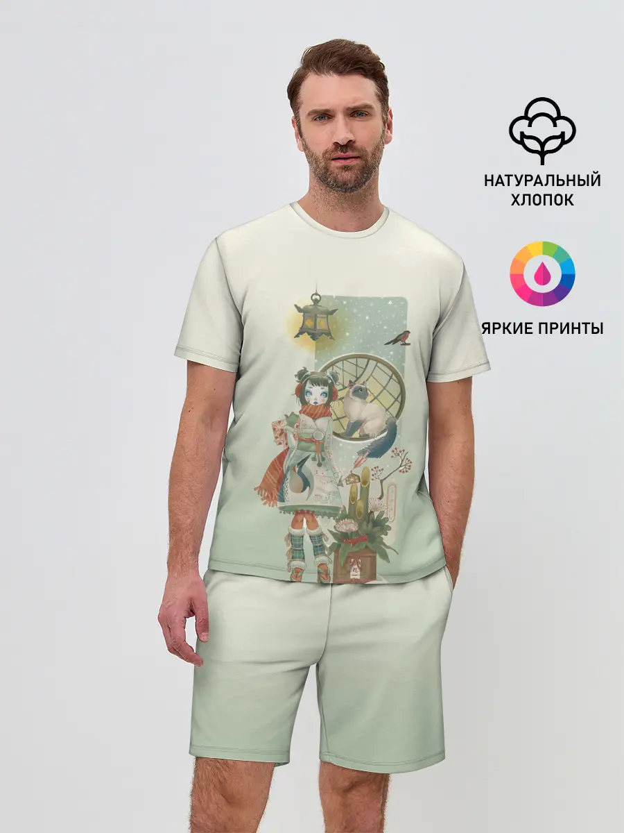 Мужской костюм с шортами / девушка кимоно зима Япония кот