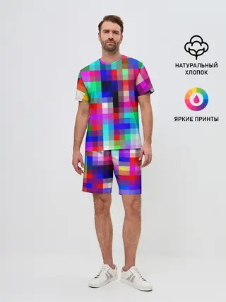 Мужской костюм с шортами / РАЗНОЦВЕТНЫЕ ПИКСЕЛИ / КУБЫ