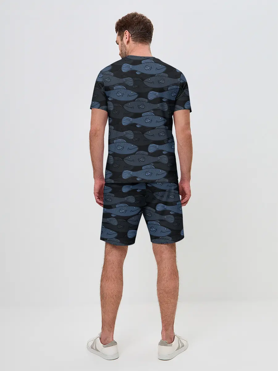 Мужской костюм с шортами / Синие рыбы на темном фоне