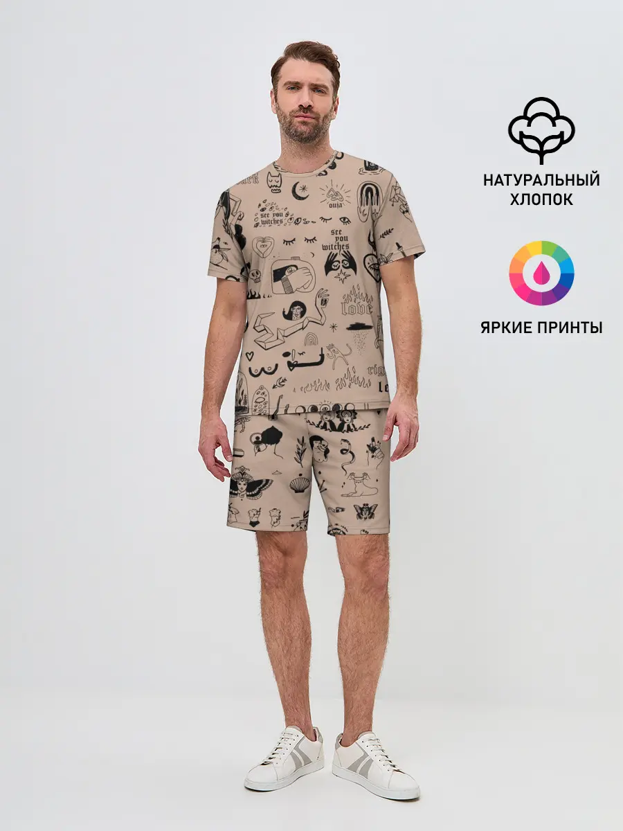 Мужской костюм с шортами / принт в стиле тату