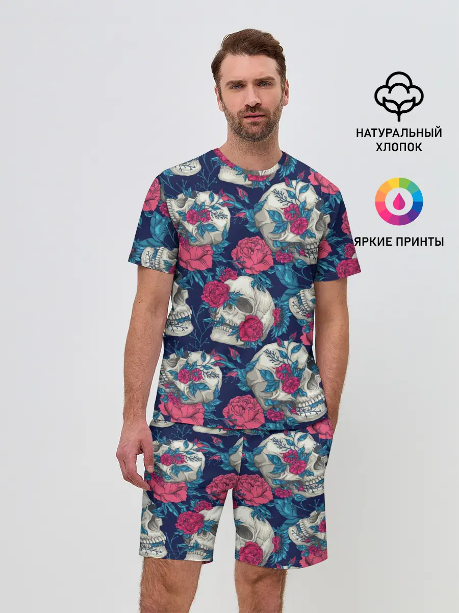 Мужской костюм с шортами / Реалистичные черепа с розами
