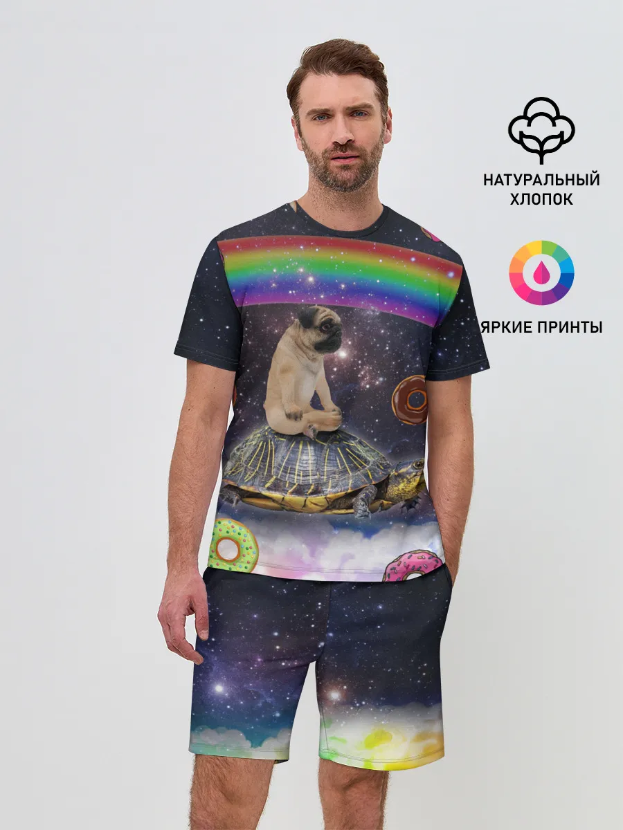 Мужской костюм с шортами / Мопс на черепахе в космосе