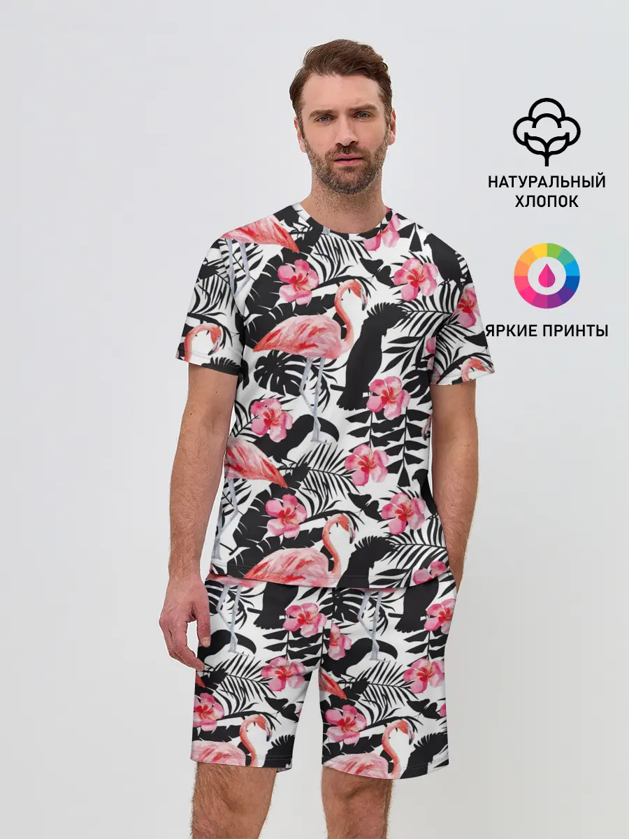 Мужской костюм с шортами / фламинго и попугаи