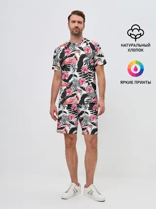 Мужской костюм с шортами / фламинго и попугаи