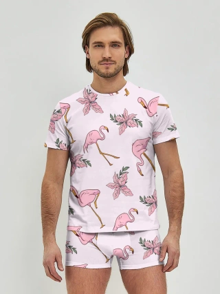 Мужские трусы с футболкой / Розовый фламинго