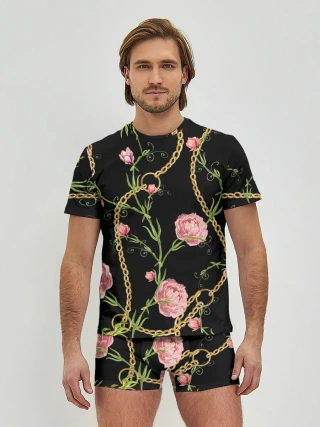 Мужские трусы с футболкой / Золотая цепь и розы