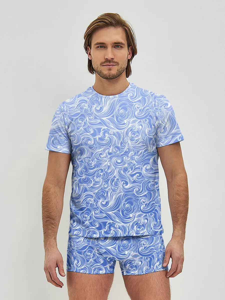 Мужские трусы с футболкой / Волны на голубом фоне