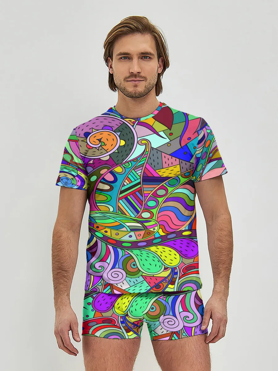 Мужские трусы с футболкой / Дудлы узор разноцветный хиппи