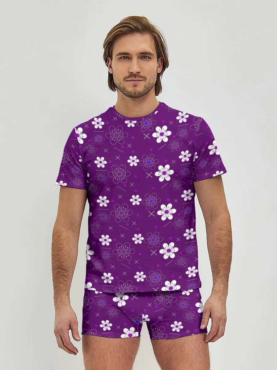 Мужские трусы с футболкой / узор цветы на фиолетовом фоне