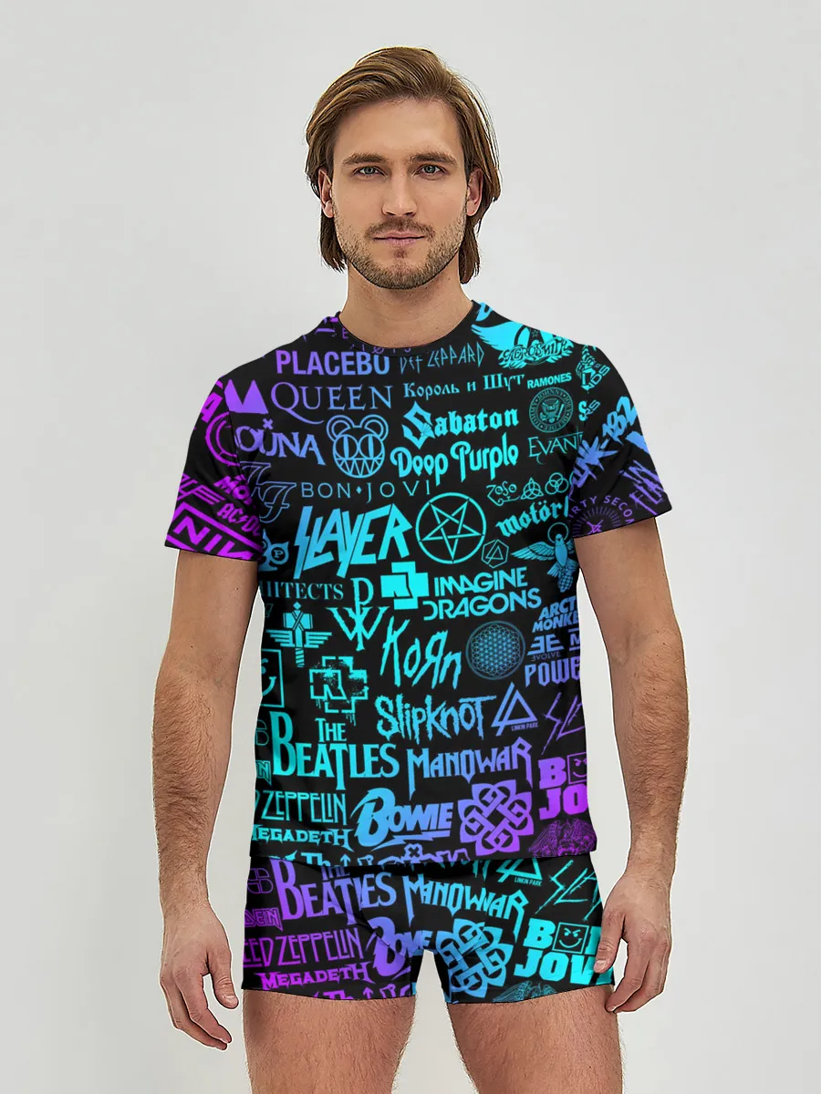 Мужские трусы с футболкой / ЛОГОТИПЫ РОК ГРУПП НЕОН