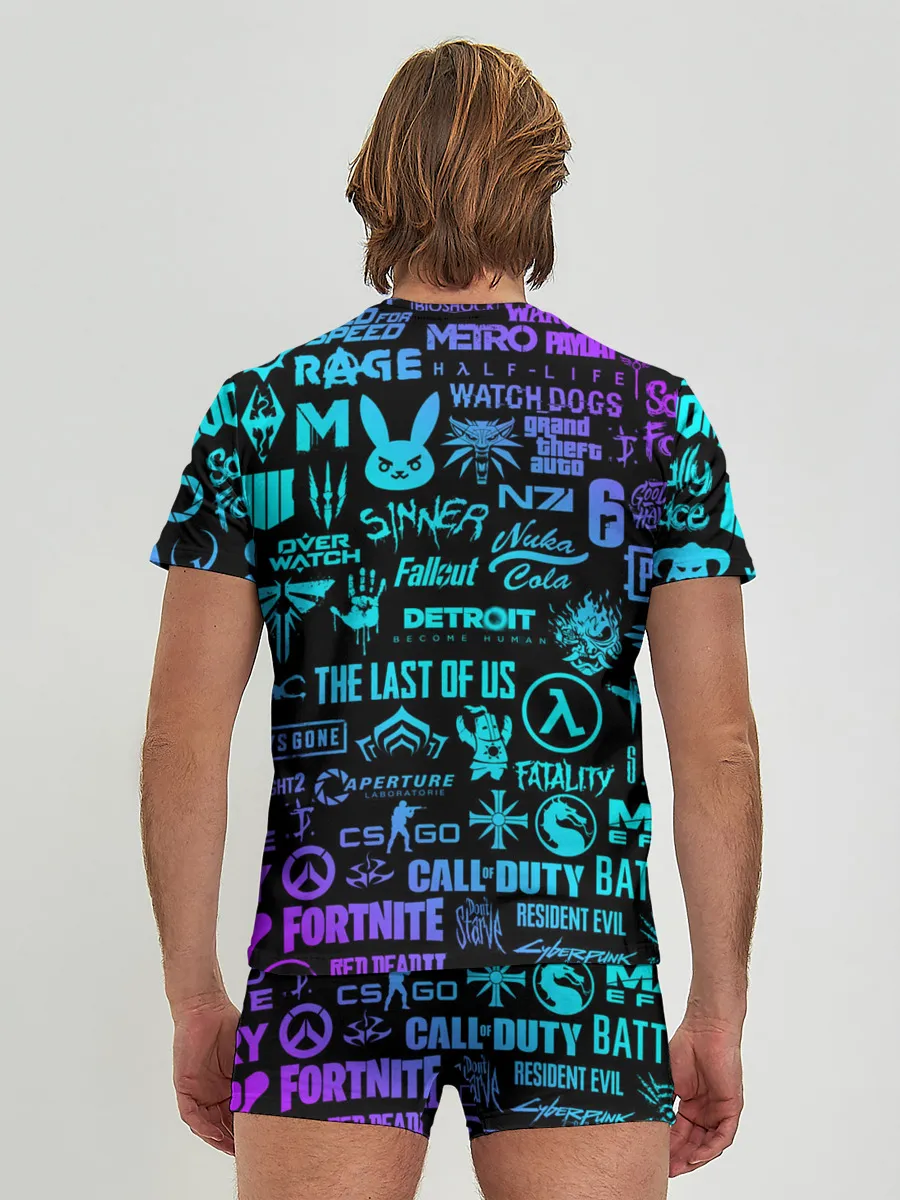 Мужские трусы с футболкой / ЛОГОТИПЫ ИГР НЕОН / NEON GAMES LOGO