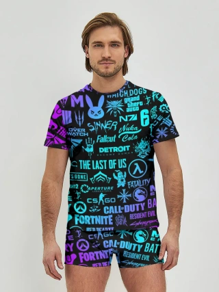 Мужские трусы с футболкой / ЛОГОТИПЫ ИГР НЕОН / NEON GAMES LOGO