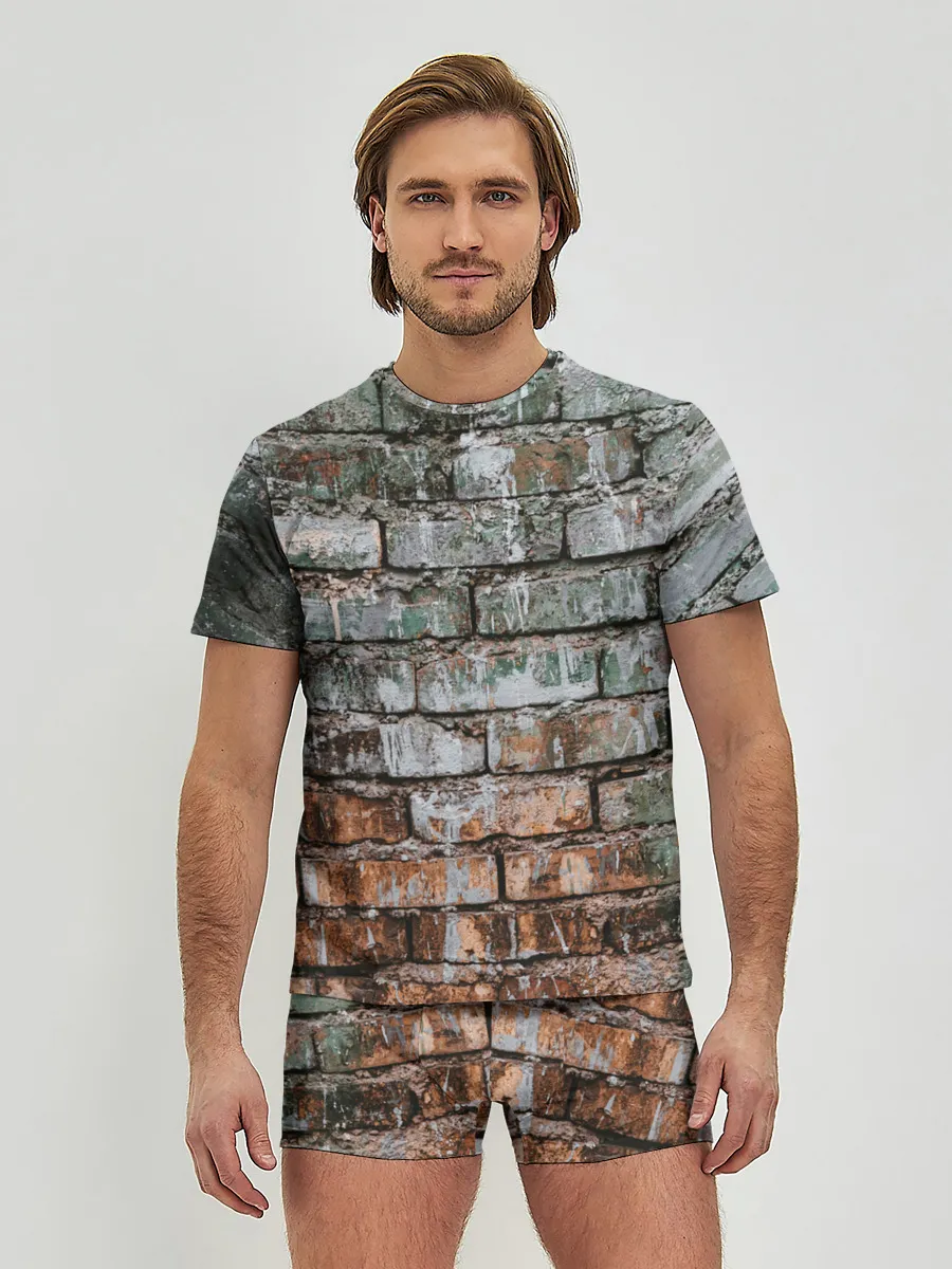 Мужские трусы с футболкой / кирпичная стена потеки краска