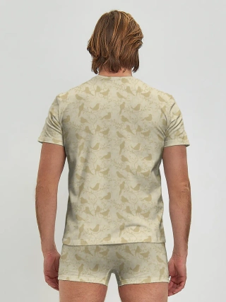 Мужские трусы с футболкой / Бежевый принт силуэты птичек