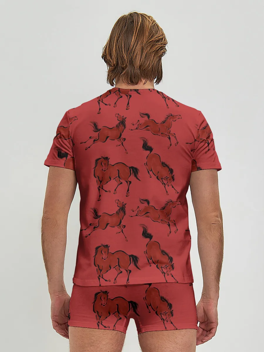 Мужские трусы с футболкой / красные кони