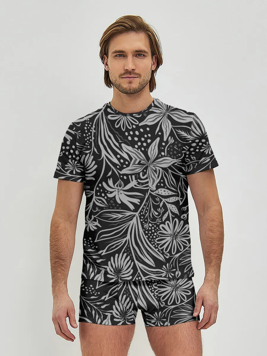 Мужские трусы с футболкой / Флора | Черно Белая