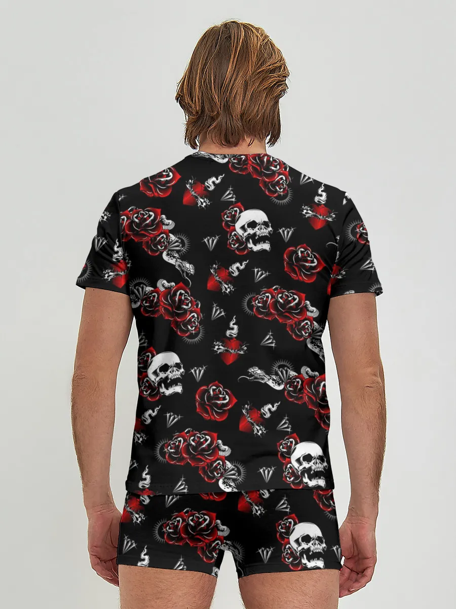 Мужские трусы с футболкой / Черепа и розы