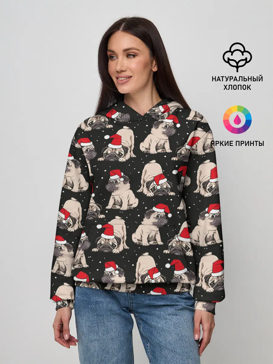 Женское худи / Новогодние мопсы