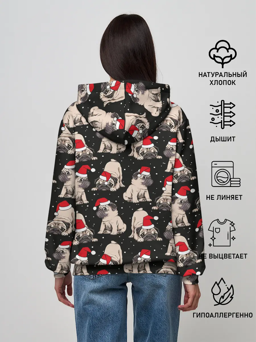 Женское худи / Новогодние мопсы