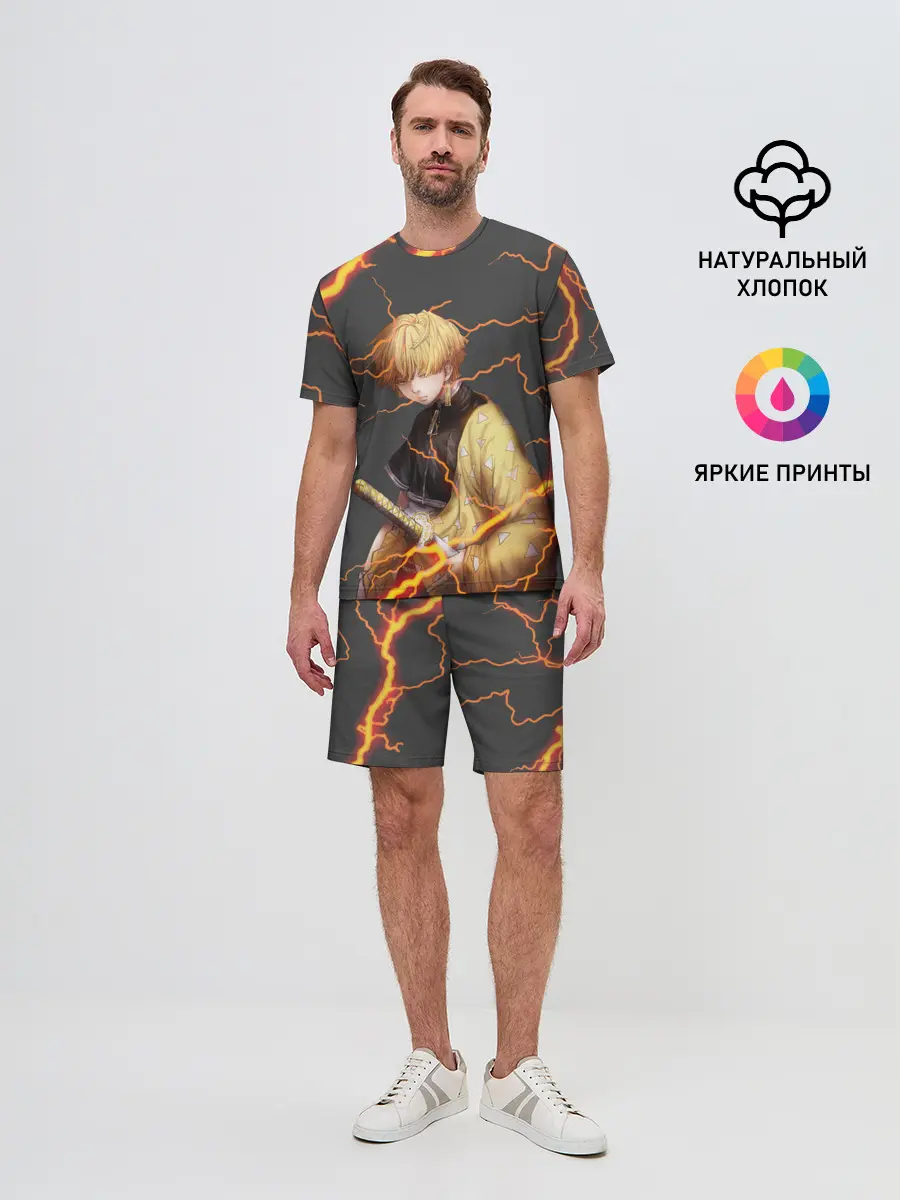 Мужской костюм с шортами / KIMETSU NO YAIBA оранжевые молнии