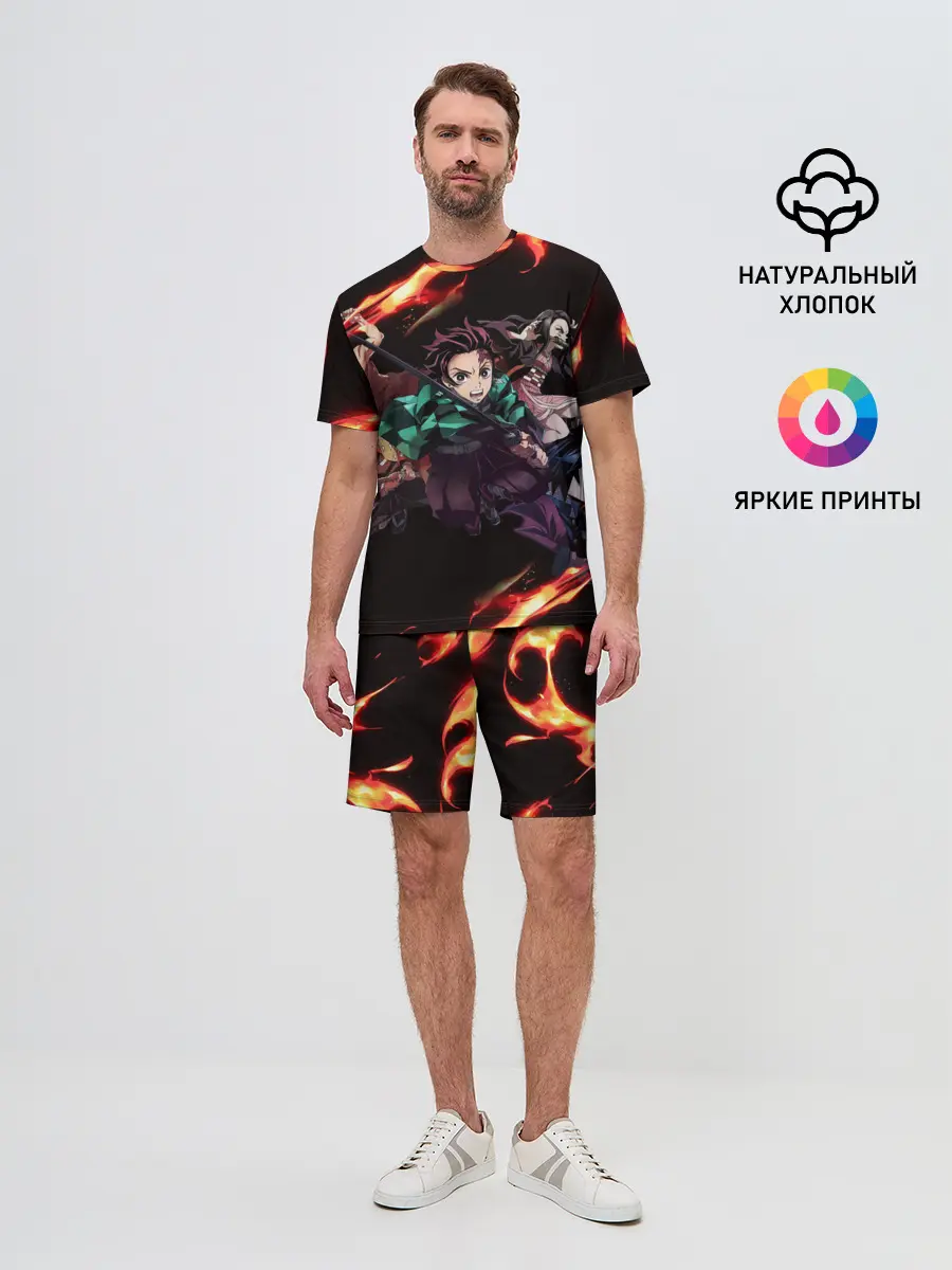 Мужской костюм с шортами / Kimetsu no Yaiba пламенный узор