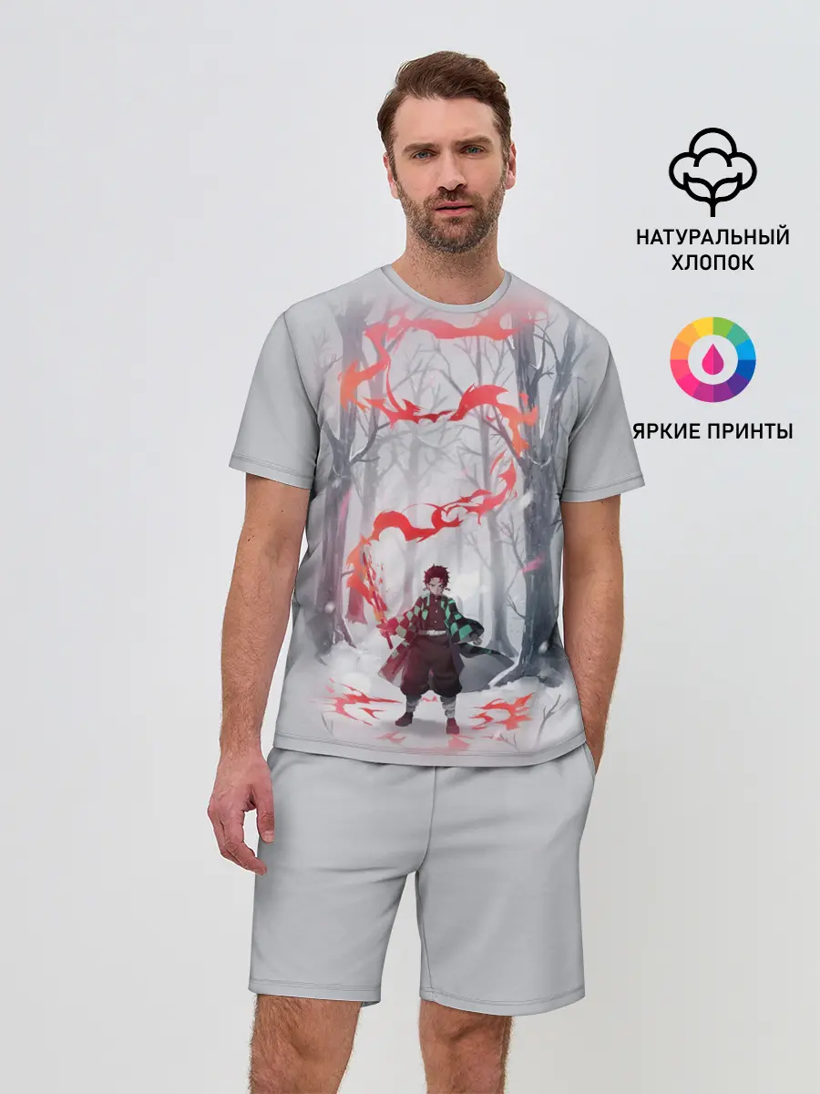 Мужской костюм с шортами / KIMETSU NO YAIBA красный след