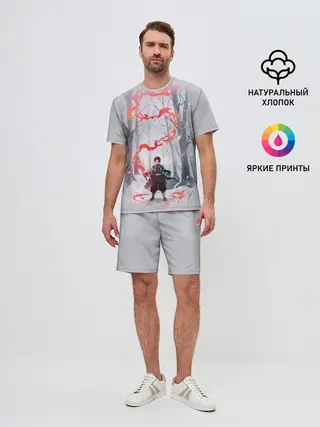 Мужской костюм с шортами / KIMETSU NO YAIBA красный след