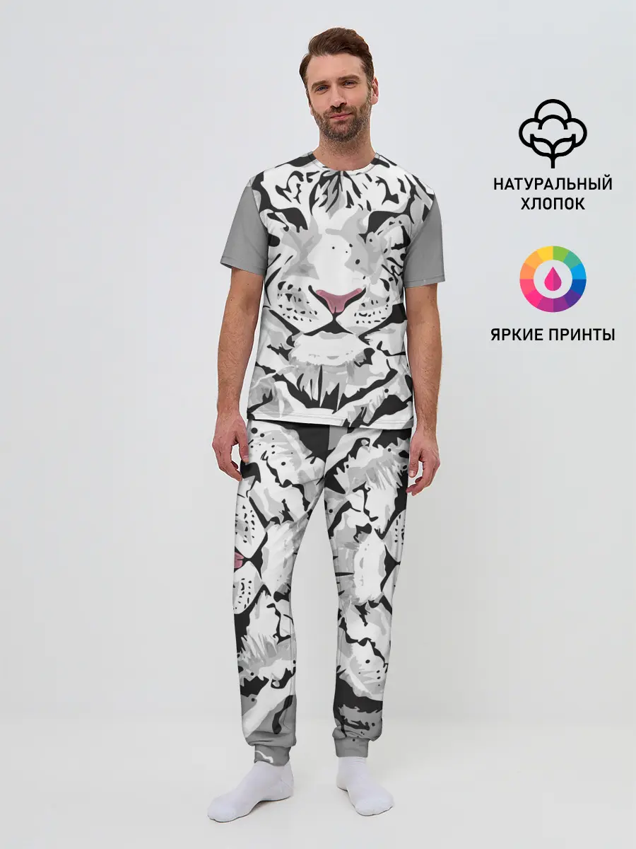 Мужская пижама с брюками / Белый снежный тигр