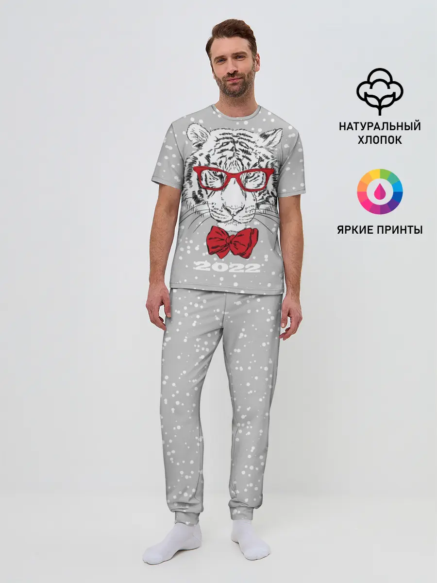 Мужская пижама с брюками / Белый тигр с красным бантом