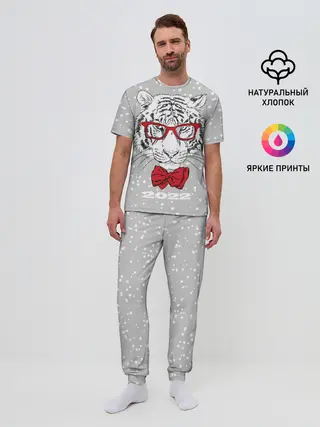 Мужская пижама с брюками / Белый тигр с красным бантом