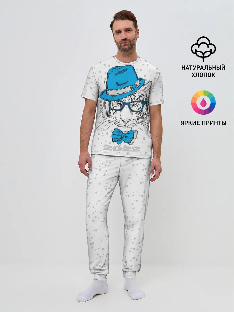 Мужская пижама с брюками / Белый тигр в синей шляпе