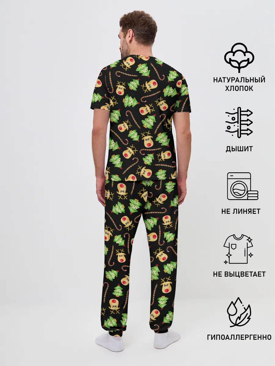 Мужская пижама с брюками / Олени, елки и карамель