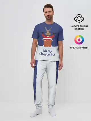 Мужская пижама с брюками / Санта в трубе с Оленем