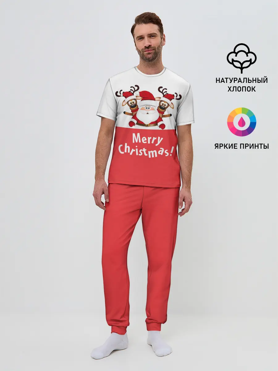 Мужская пижама с брюками / Санта с 2 Оленями