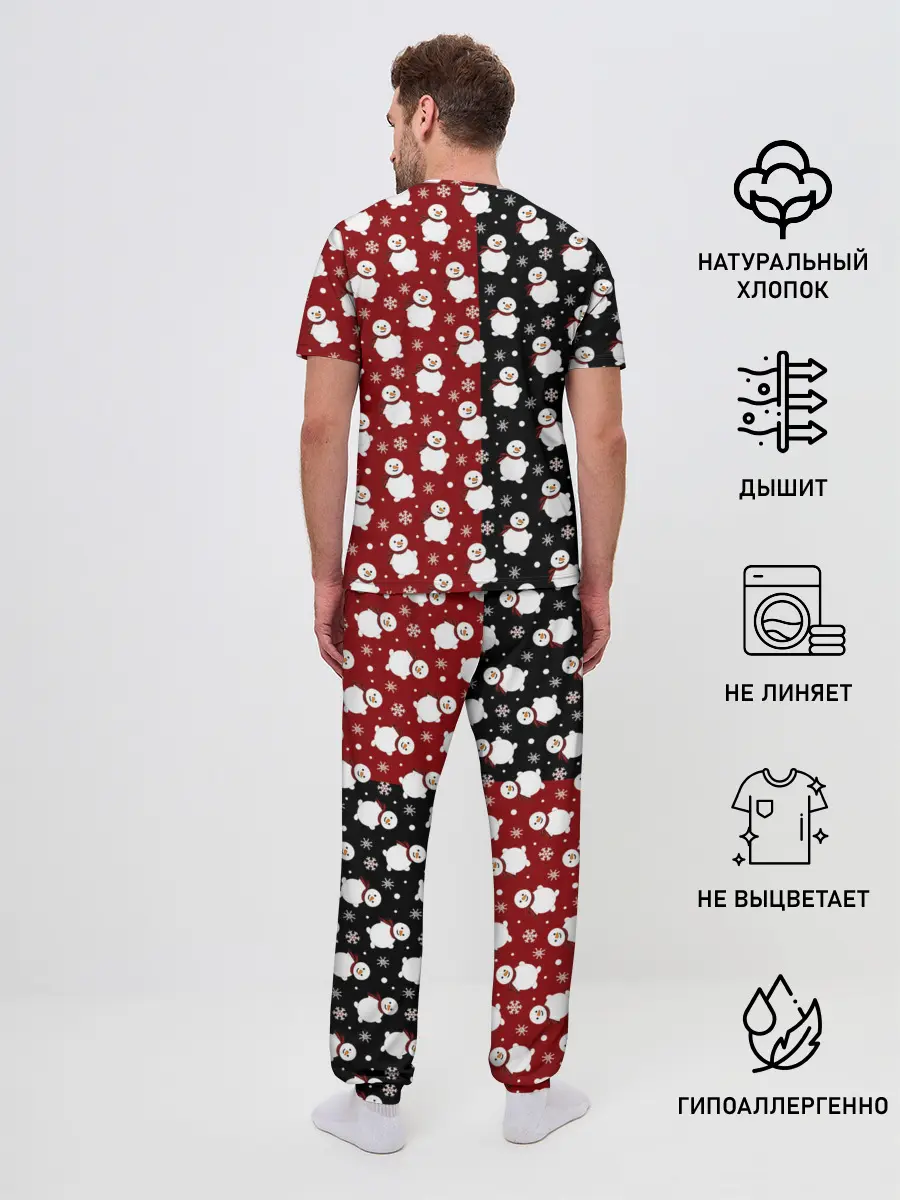 Мужская пижама с брюками / Снеговики, снежинки и снег