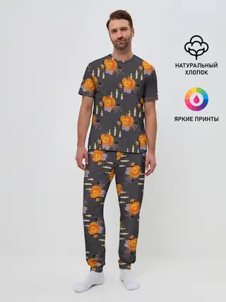 Мужская пижама с брюками / Хэллоуин - тыквы и свечи
