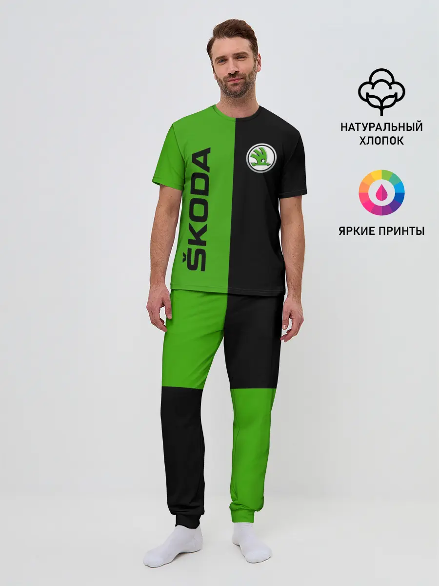 Мужская пижама с брюками / SKODA черно-зеленый
