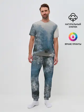 Мужская пижама с брюками / Зимний пейзаж картина маслом