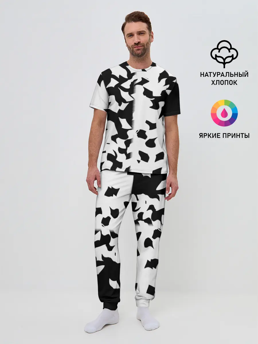 Мужская пижама с брюками / черно-белый камуфляж