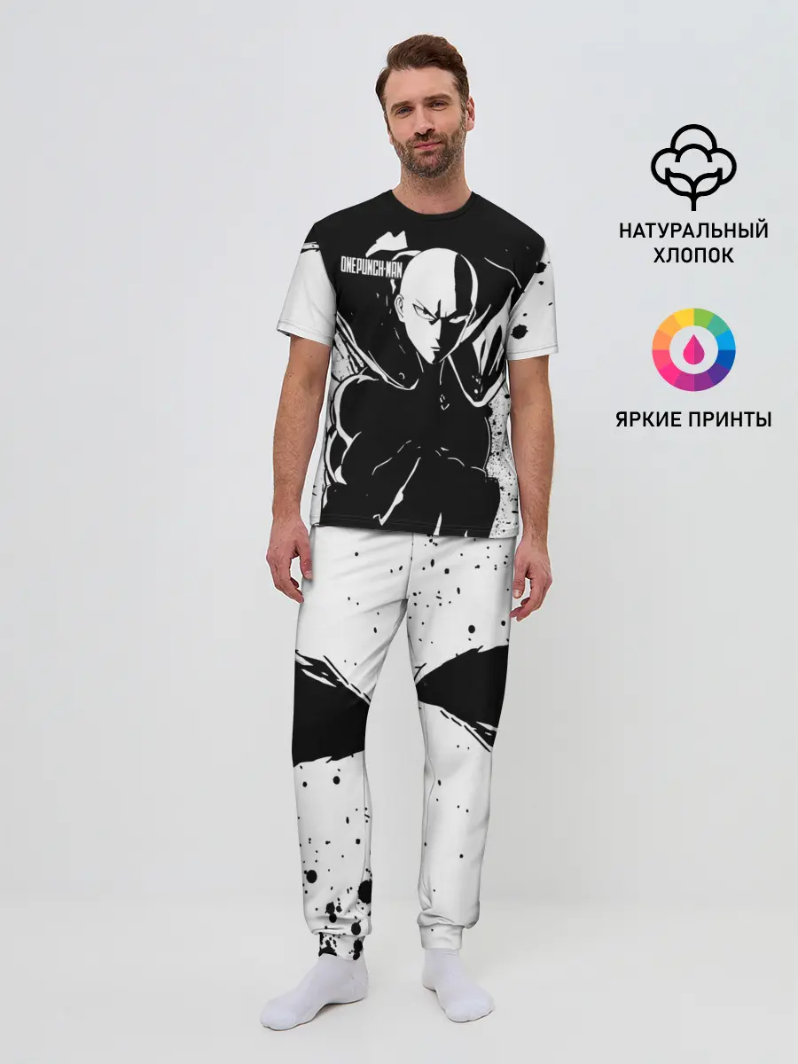 Мужская пижама с брюками / Черно-белый Сайтама One Punch-Man