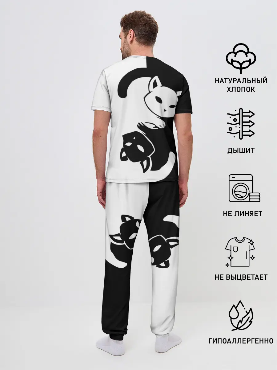 Мужская пижама с брюками / Черный и белый кот кувыркаются.